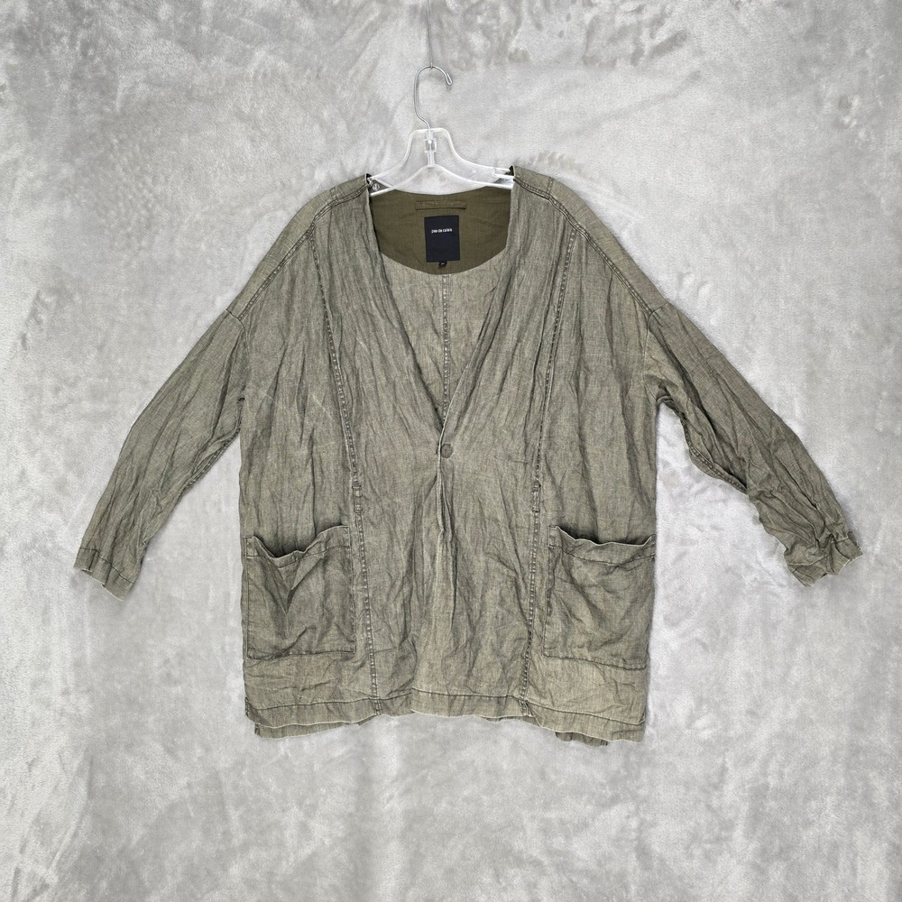 Pas de Calais Cardigan Women 36 Olive Green Linen Oversized Lagenlook Minimalist